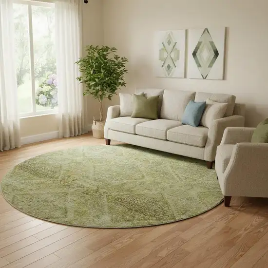 8' Sage And Beige Geometric Washable Round Rug With UV Protection Photo 2