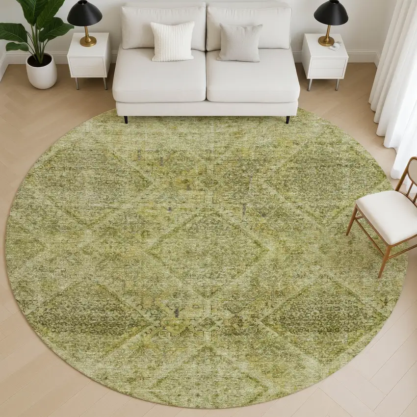 8' Sage And Beige Geometric Washable Round Rug With UV Protection Photo 5