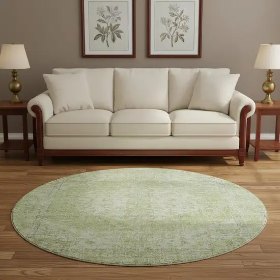 8' Sage And Beige Medallion Washable Round Rug With UV Protection Photo 2
