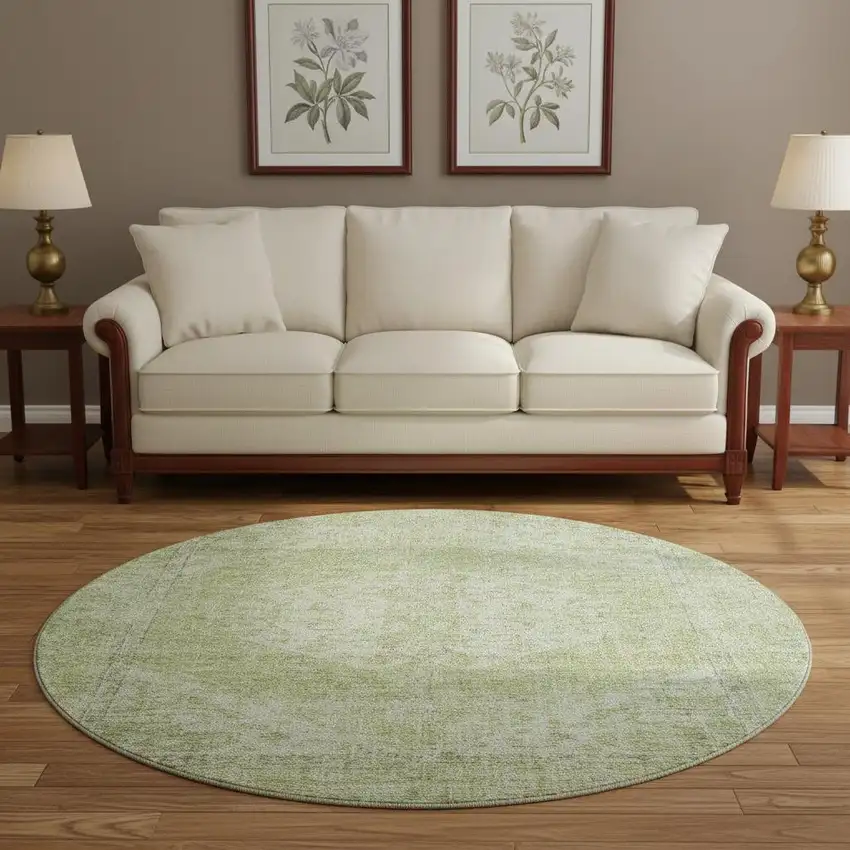 8' Sage And Beige Medallion Washable Round Rug With UV Protection Photo 2