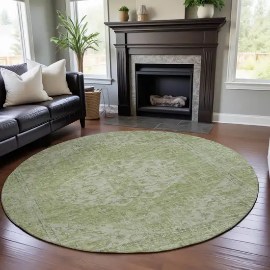 8' Sage And Beige Medallion Washable Round Rug With UV Protection Photo 4