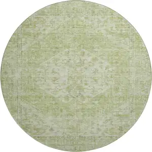 Photo of 8' Sage And Beige Medallion Washable Round Rug With UV Protection