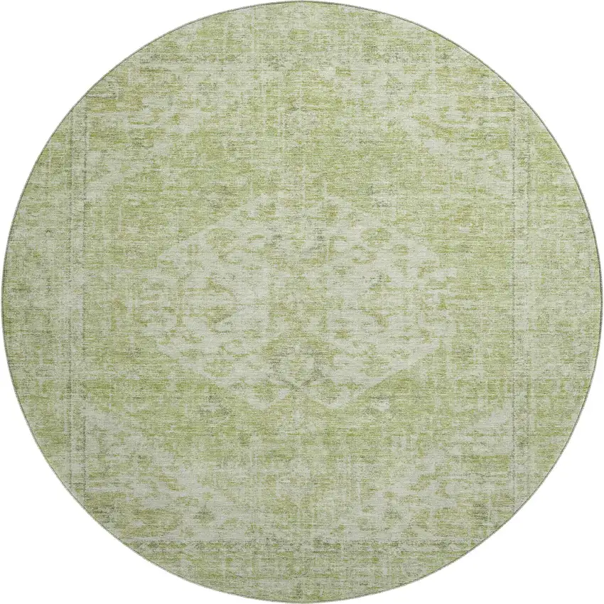 8' Sage And Beige Medallion Washable Round Rug With UV Protection Photo 1