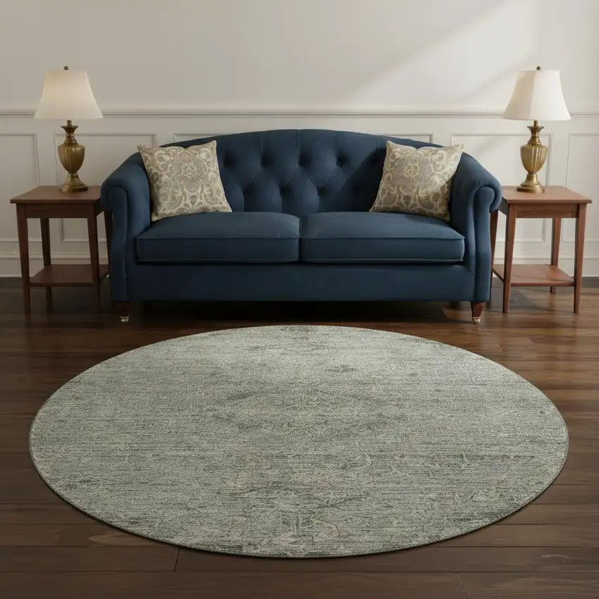 8' Sage And Beige Medallion Washable Round Rug With UV Protection Photo 2