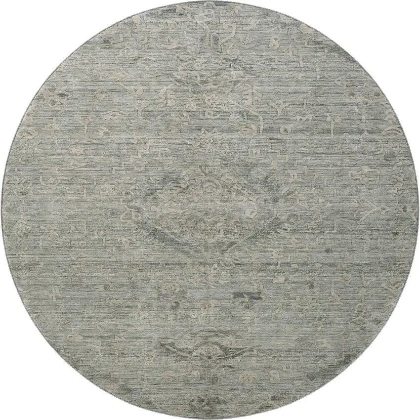 8' Sage And Beige Medallion Washable Round Rug With UV Protection Photo 2