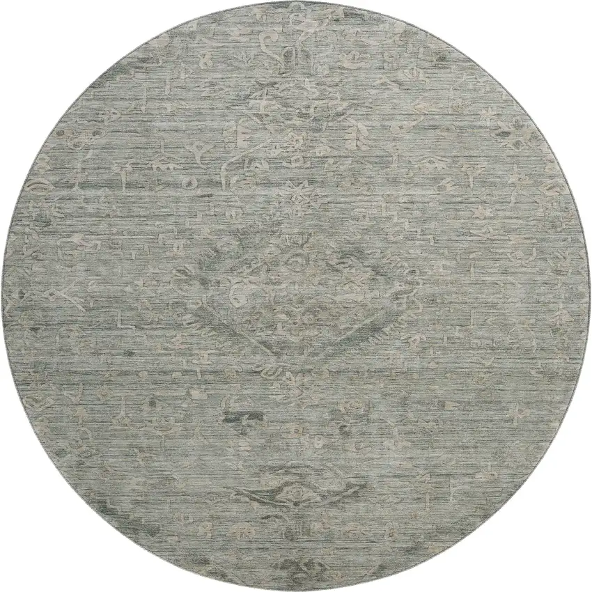 8' Sage And Beige Medallion Washable Round Rug With UV Protection Photo 1