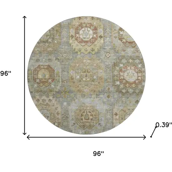 8' Sage And Beige Medallion Washable Round Rug With UV Protection Photo 8