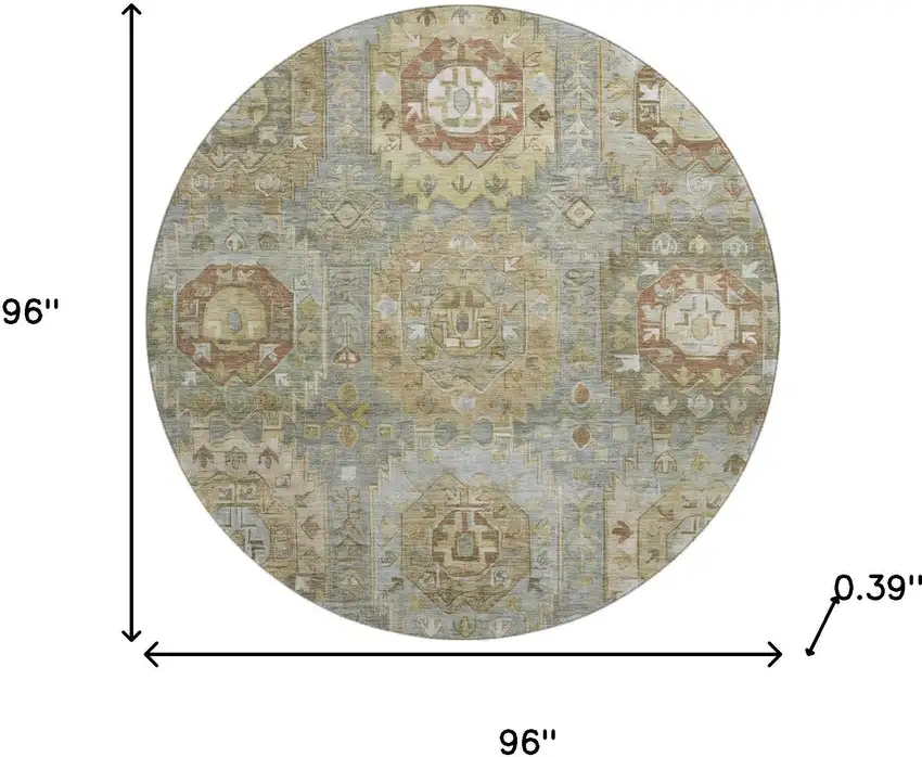 8' Sage And Beige Medallion Washable Round Rug With UV Protection Photo 8