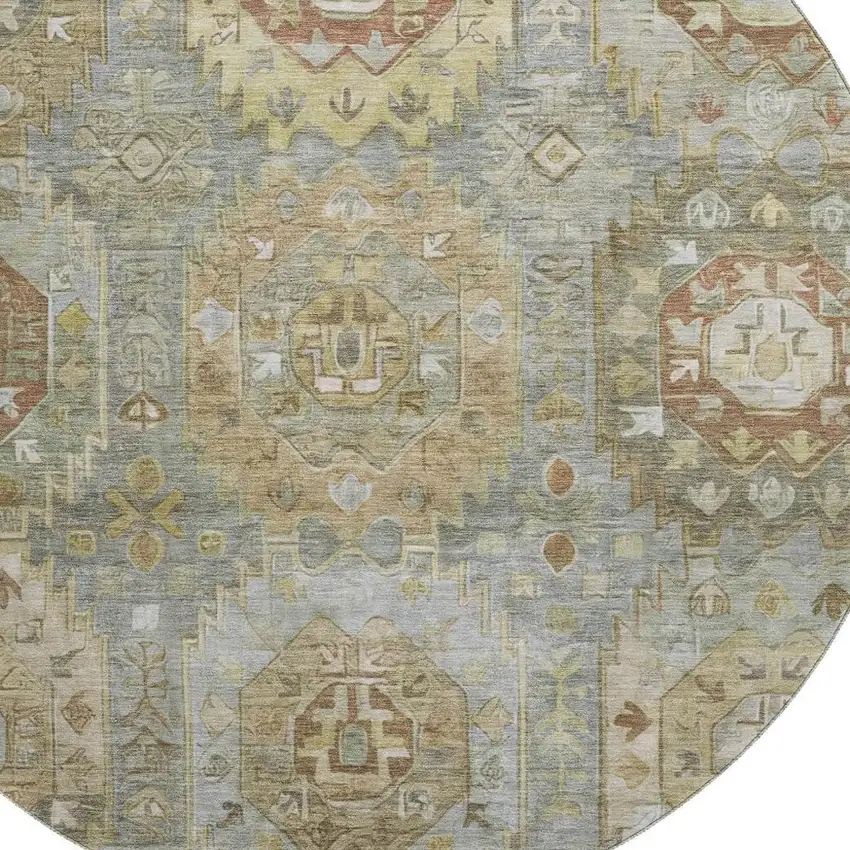 8' Sage And Beige Medallion Washable Round Rug With UV Protection Photo 3