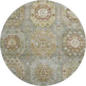 Photo of 8' Sage And Beige Medallion Washable Round Rug With UV Protection