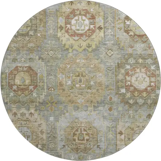 8' Sage And Beige Medallion Washable Round Rug With UV Protection Photo 1