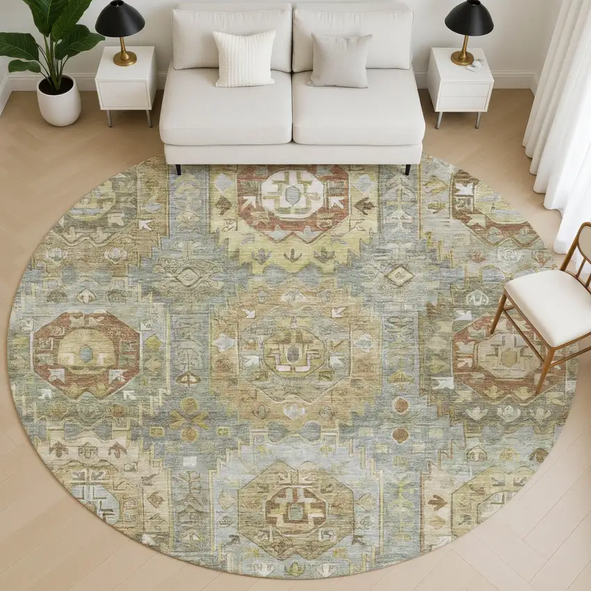 8' Sage And Beige Medallion Washable Round Rug With UV Protection Photo 5