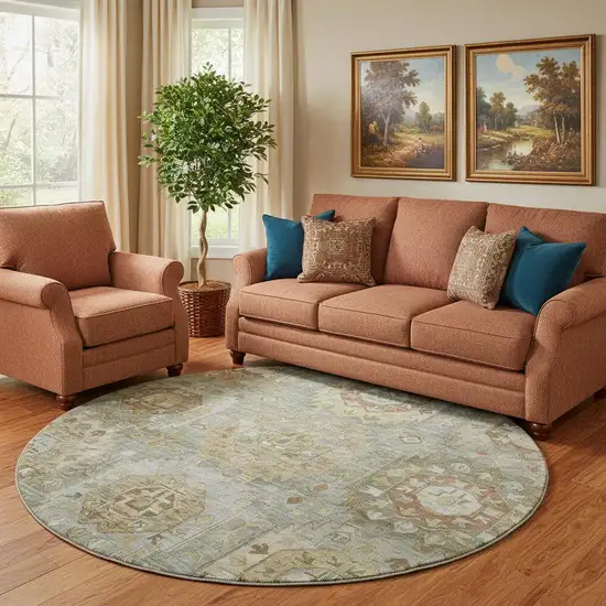 8' Sage And Beige Medallion Washable Round Rug With UV Protection Photo 1