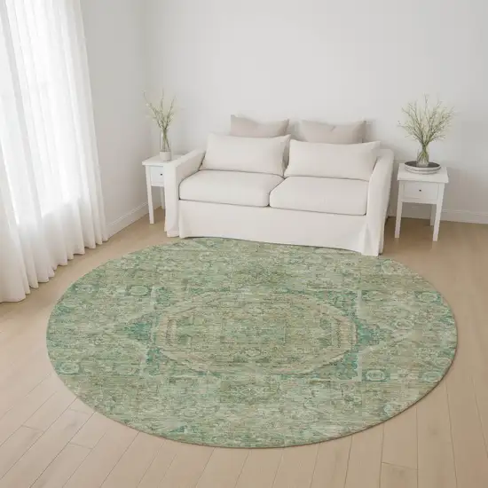 8' Sage And Beige Oriental Washable Round Rug With UV Protection Photo 4