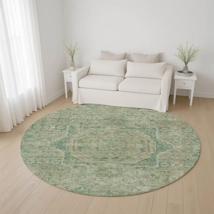 8' Sage And Beige Oriental Washable Round Rug With UV Protection Photo 4