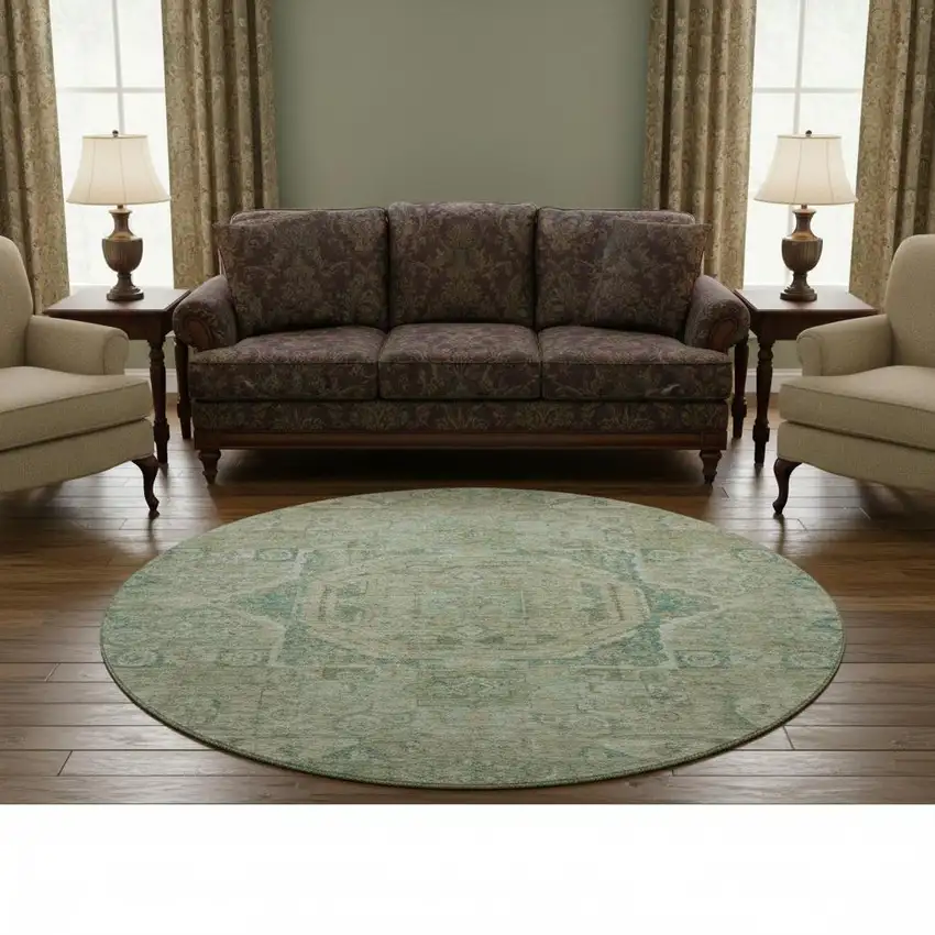 8' Sage And Beige Oriental Washable Round Rug With UV Protection Photo 2
