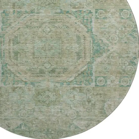 8' Sage And Beige Oriental Washable Round Rug With UV Protection Photo 2