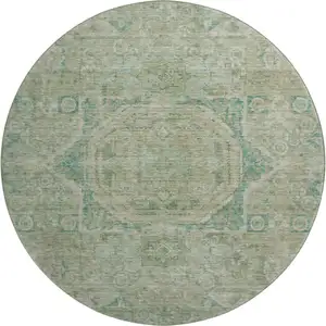 Photo of 8' Sage And Beige Oriental Washable Round Rug With UV Protection