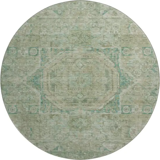 8' Sage And Beige Oriental Washable Round Rug With UV Protection Photo 1