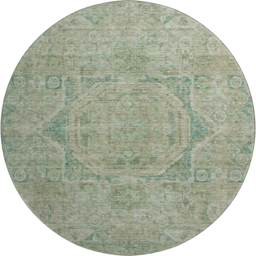 8' Sage And Beige Oriental Washable Round Rug With UV Protection Photo 1
