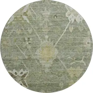 Photo of 8' Sage And Beige Oriental Washable Round Rug With UV Protection