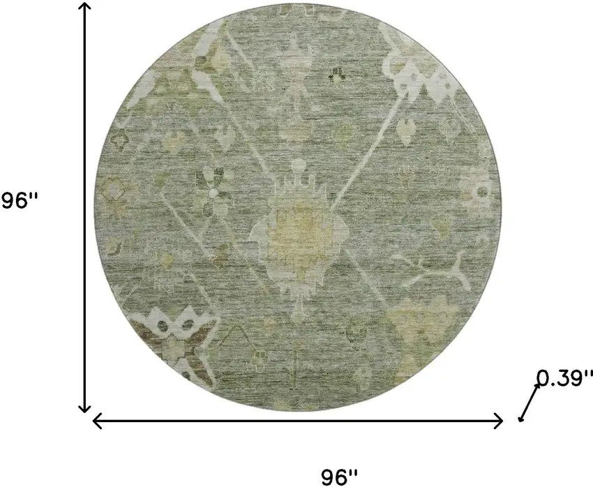 8' Sage And Beige Oriental Washable Round Rug With UV Protection Photo 8