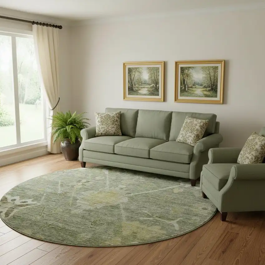 8' Sage And Beige Oriental Washable Round Rug With UV Protection Photo 2