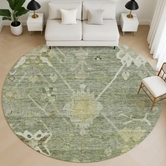 8' Sage And Beige Oriental Washable Round Rug With UV Protection Photo 5