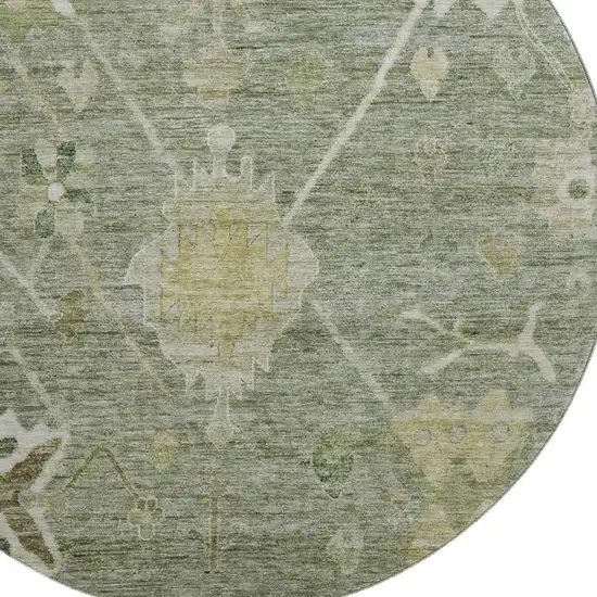 8' Sage And Beige Oriental Washable Round Rug With UV Protection Photo 3