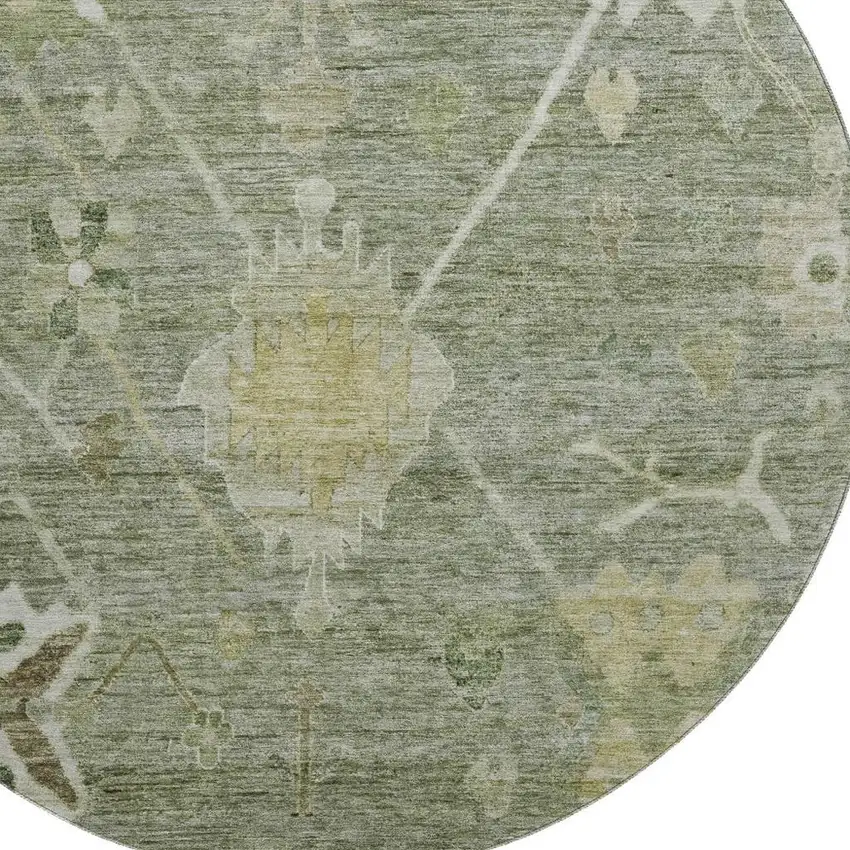 8' Sage And Beige Oriental Washable Round Rug With UV Protection Photo 3