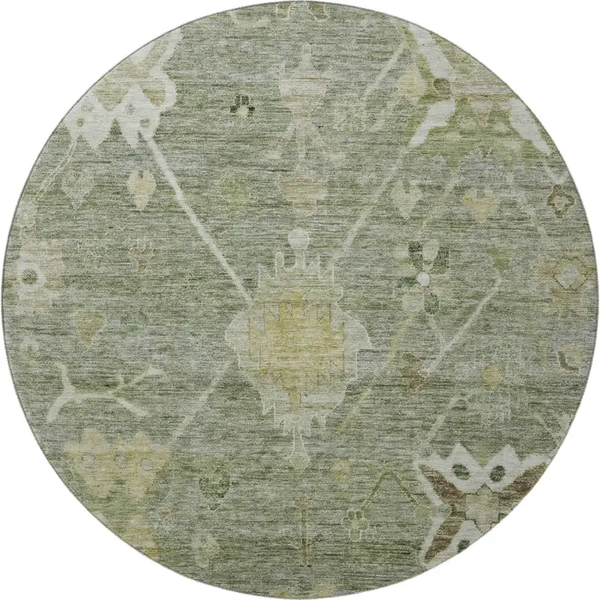 8' Sage And Beige Oriental Washable Round Rug With UV Protection Photo 4