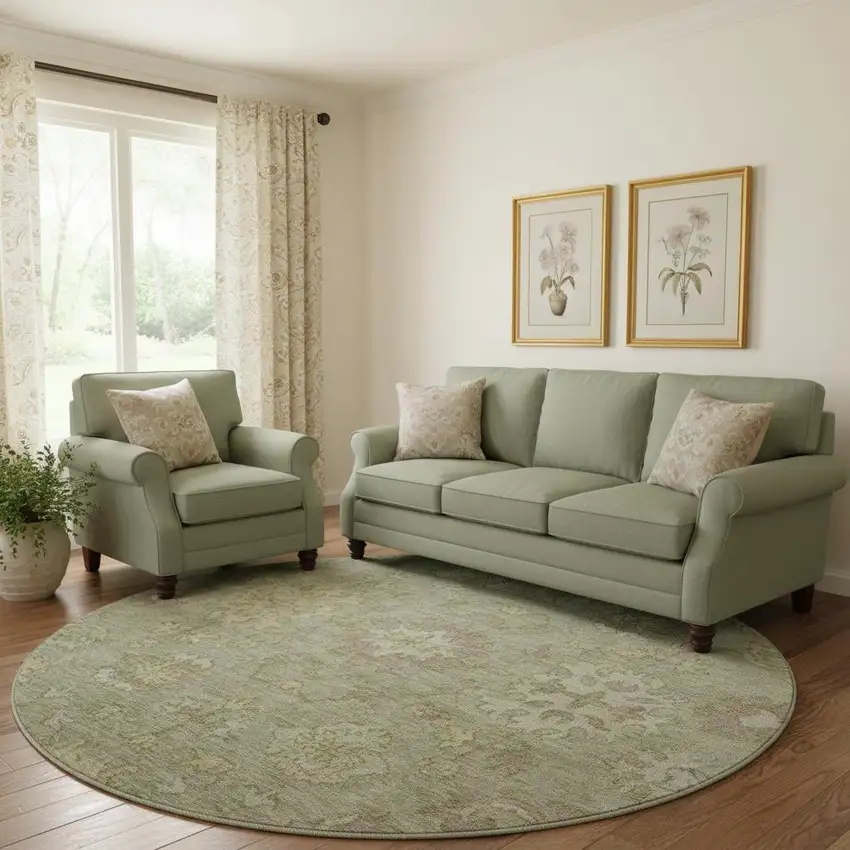 8' Sage And Beige Oriental Washable Round Rug With UV Protection Photo 2