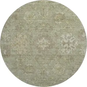Photo of 8' Sage And Beige Oriental Washable Round Rug With UV Protection