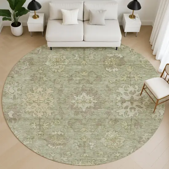 8' Sage And Beige Oriental Washable Round Rug With UV Protection Photo 5