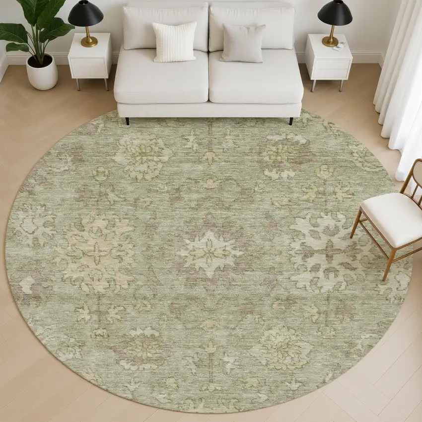 8' Sage And Beige Oriental Washable Round Rug With UV Protection Photo 5