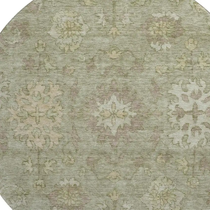 8' Sage And Beige Oriental Washable Round Rug With UV Protection Photo 3