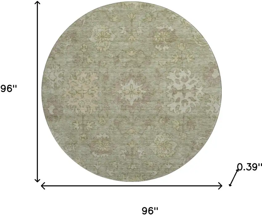8' Sage And Beige Oriental Washable Round Rug With UV Protection Photo 8