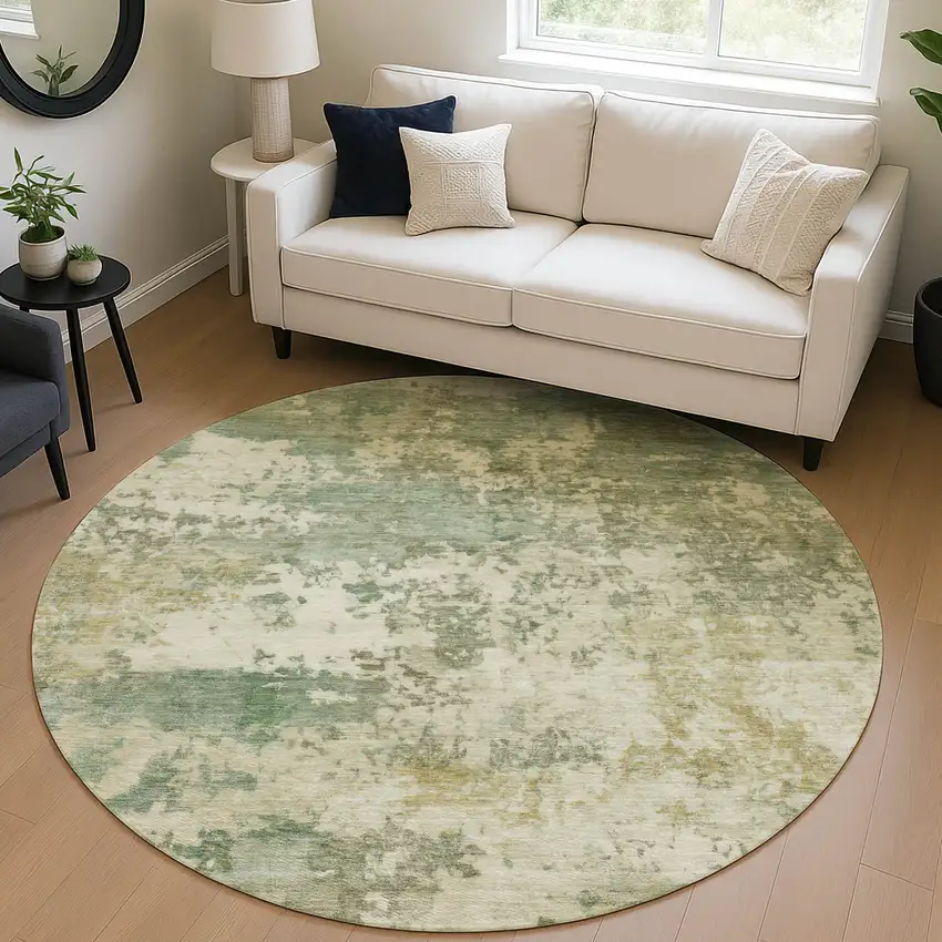 8' Sage And Beige Round Abstract Washable Indoor Outdoor Area Rug Photo 5