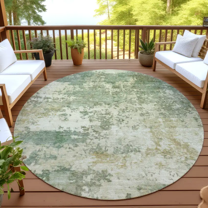 8' Sage And Beige Round Abstract Washable Indoor Outdoor Area Rug Photo 4