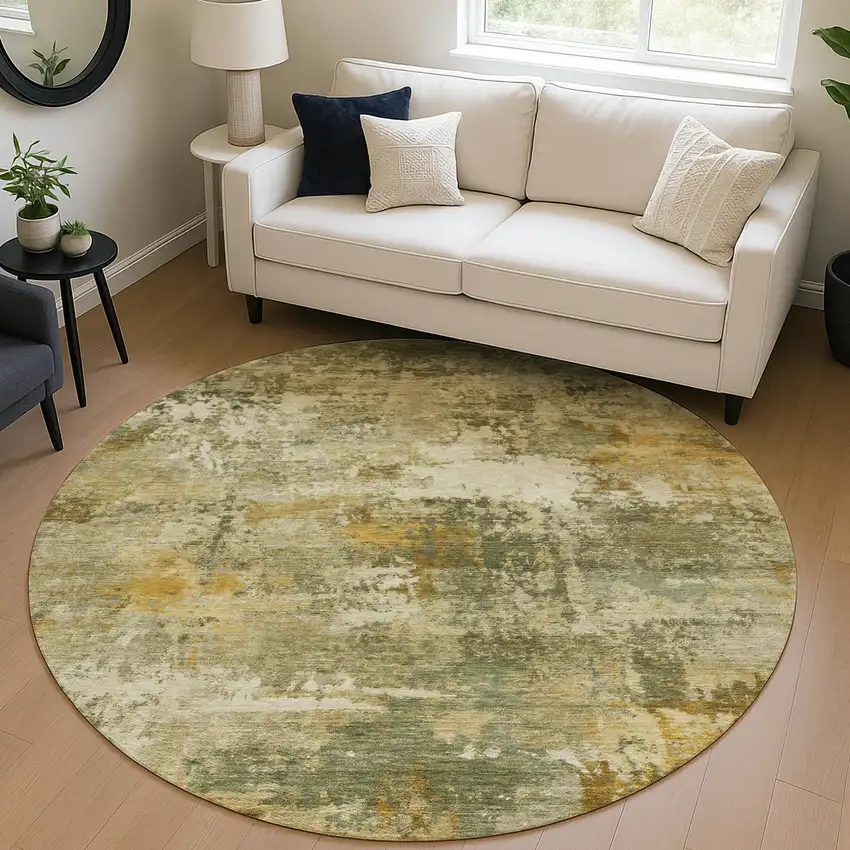 8' Sage And Beige Round Abstract Washable Indoor Outdoor Area Rug Photo 5