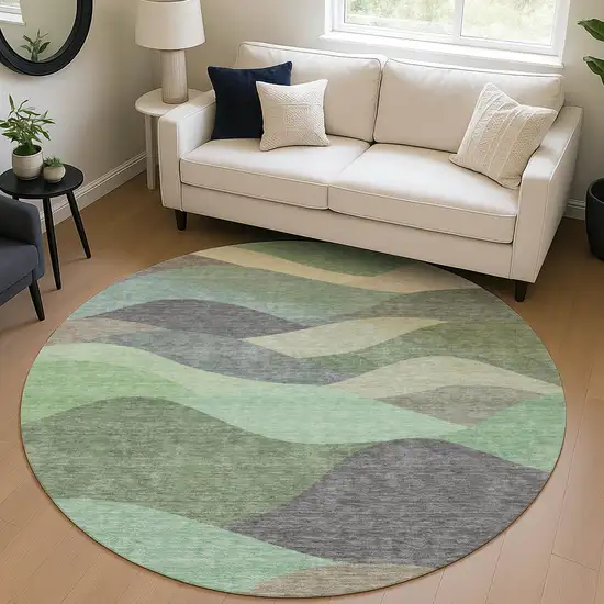 8' Sage And Beige Round Abstract Washable Indoor Outdoor Area Rug Photo 5