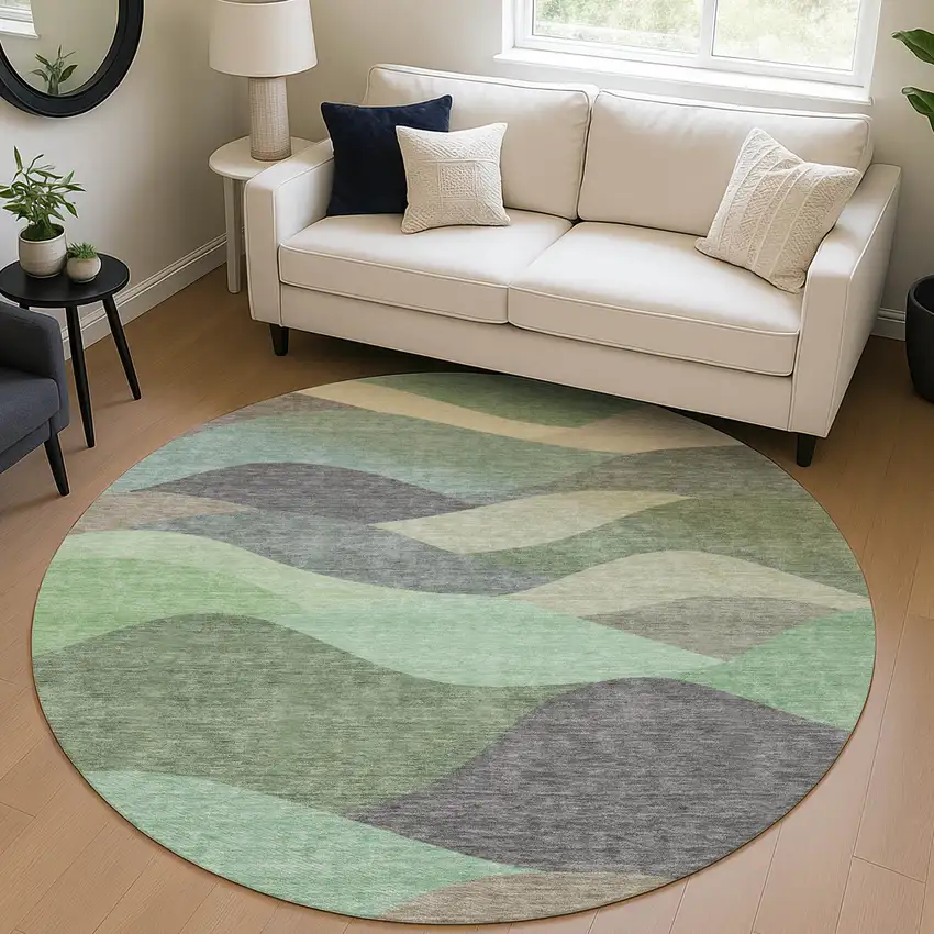 8' Sage And Beige Round Abstract Washable Indoor Outdoor Area Rug Photo 5