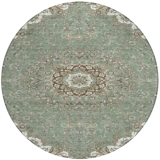 8' Sage And Beige Round Floral Medallion Washable Indoor Outdoor Area Rug Photo 2