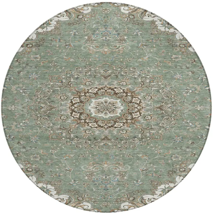 8' Sage And Beige Round Floral Medallion Washable Indoor Outdoor Area Rug Photo 2