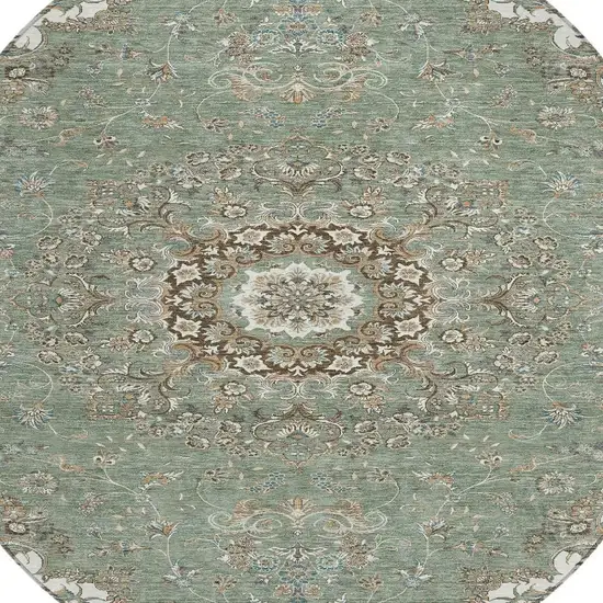 8' Sage And Beige Round Floral Medallion Washable Indoor Outdoor Area Rug Photo 3