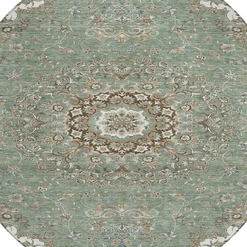 8' Sage And Beige Round Floral Medallion Washable Indoor Outdoor Area Rug Photo 3