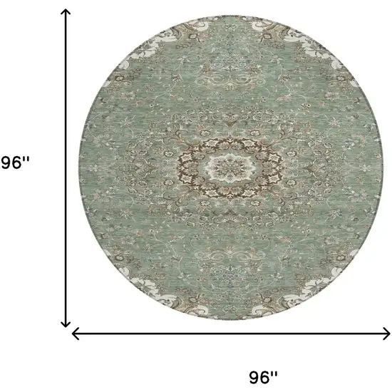 8' Sage And Beige Round Floral Medallion Washable Indoor Outdoor Area Rug Photo 7