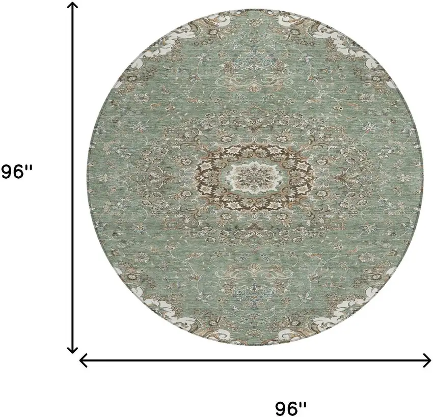 8' Sage And Beige Round Floral Medallion Washable Indoor Outdoor Area Rug Photo 7