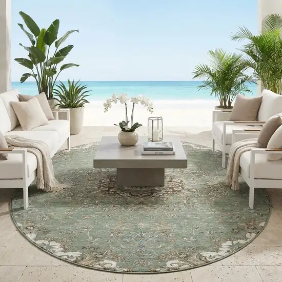 8' Sage And Beige Round Floral Medallion Washable Indoor Outdoor Area Rug Photo 1