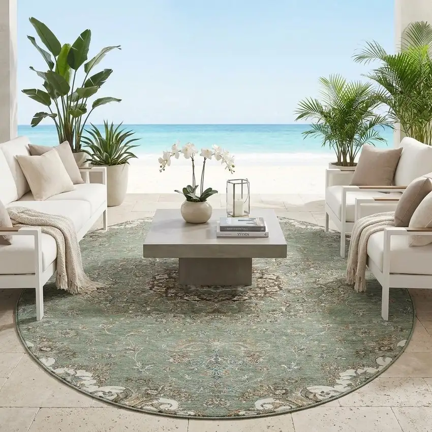 8' Sage And Beige Round Floral Medallion Washable Indoor Outdoor Area Rug Photo 1